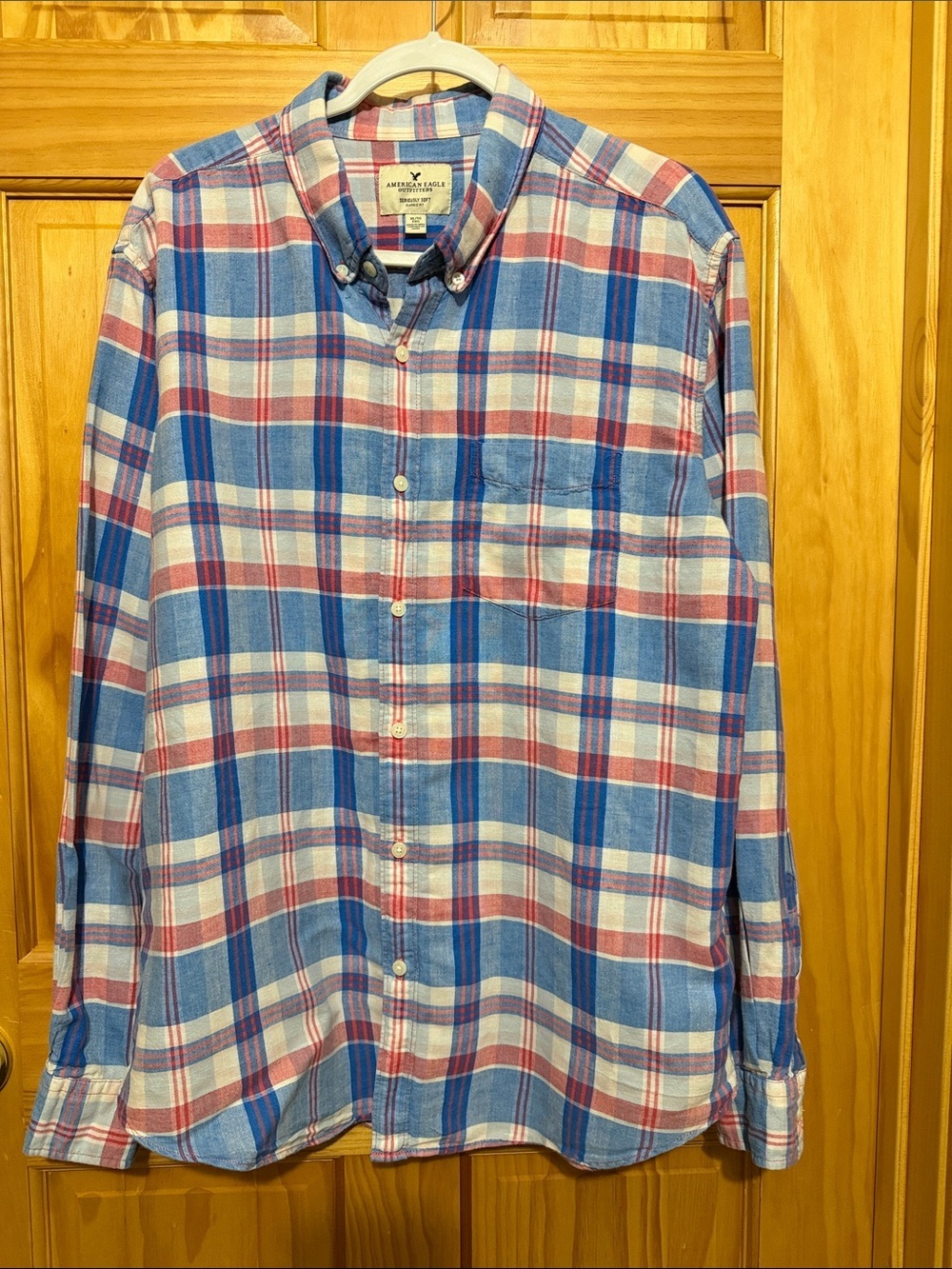 American Eagle Outfitters Seriously Soft Blue & Red Plaid Button Down Shirt, XL.
